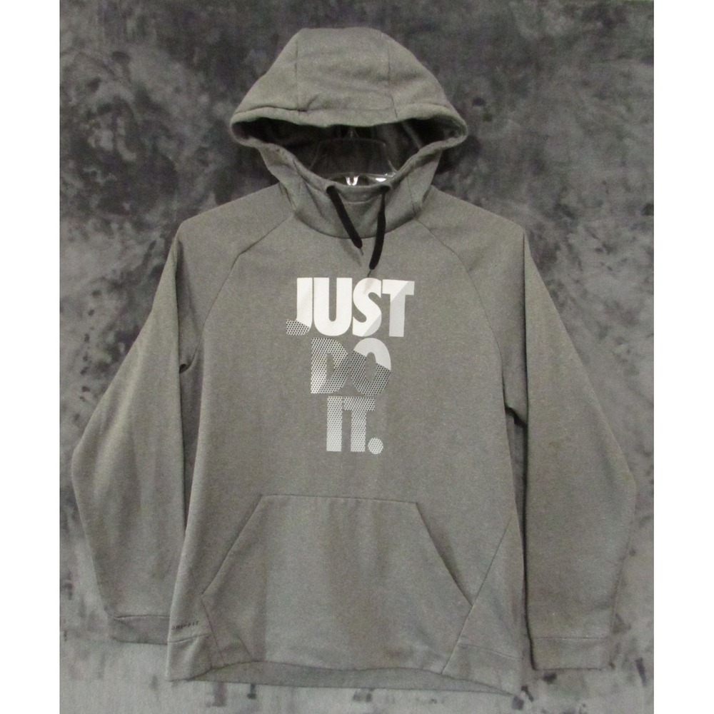 Nike Just Do It Gray Dri Fit Hoodie pockets draw strings Mens L Large Nice